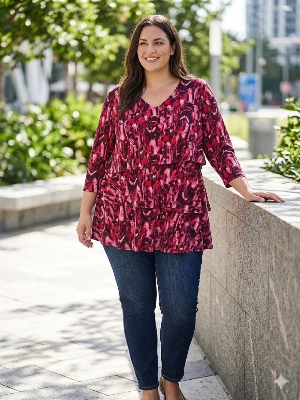 Susan Graver Tiered V-Neck Tunic in Fuchsia and Burgundy Print